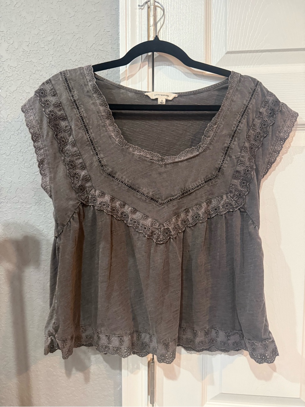 Women's Luck Brand Gray Lace-Trim Short Sleeve Blouse Top